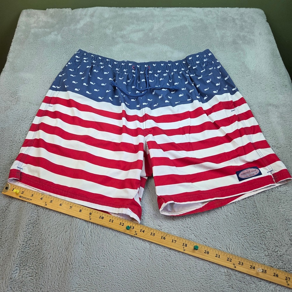 Vineyard Vines Swim Trunks Mens XLT American Flag Whale Print Red White Blue New